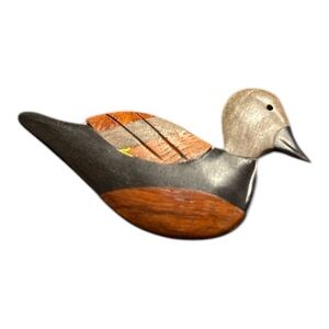 Vintage, handcrafted inlaid wooden brooch pin shaped like a duck. JB1